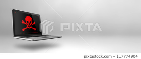 Laptop with a pirate symbol on screen. Hacking concept 117774904