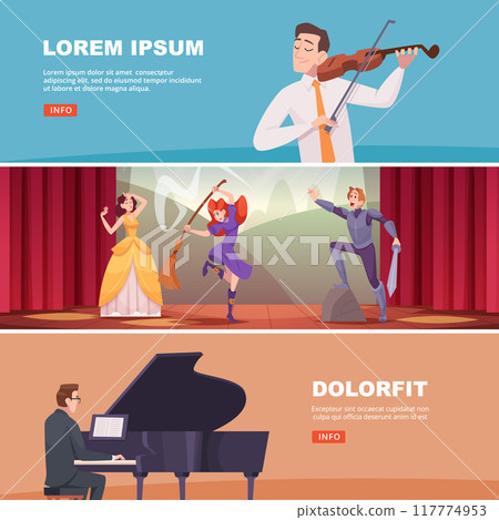 theatre banners. music or ballet concert show on theatre stage actors playing dramathical roles witch knight and princess theatre banners. music or ballet concert show on theatre stage actors playing dramathical roles witch knight and princess 117774953