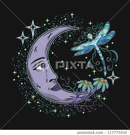 Composition with crescent moon with face, fantasy pixie dragonfly, stars. Mythological fairy tale, mystical concept. For clothing, apparel, T-shirts, kids design Composition with crescent moon with face, fantasy pixie dragonfly, stars. Mythological fairy tale, mystical concept. For clothing, apparel, T-shirts, kids design 117775038