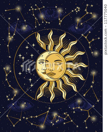 Poster with zodiacal constellations, sun eclipse with crescent moon. Eye of providence behind on background. Mystical astrological illustration in vintage style. Poster with zodiacal constellations, sun eclipse with crescent moon. Eye of providence behind on background. Mystical astrological illustration in vintage style. 117775040