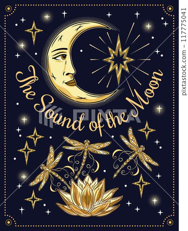 Magic poster, card with moon with face, flying dragonfly, magic Lotus, scattered stars, text. Mystical illustration in vintage art nouveau style. Magic poster, card with moon with face, flying dragonfly, magic Lotus, scattered stars, text. Mystical illustration in vintage art nouveau style. 117775041
