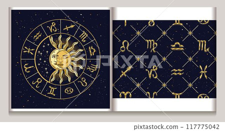 Horoscope wheel with sun eclipse, seamless geometric pattern with golden icons of all zodiac signs, stars. Classic square geometric diagonal net grid background. Esoteric mystic concept. 117775042