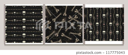 Halloween gothic bizarre patterns with bones, skull, eyeballs, spiders. Textured black background. Vintage style. 117775043