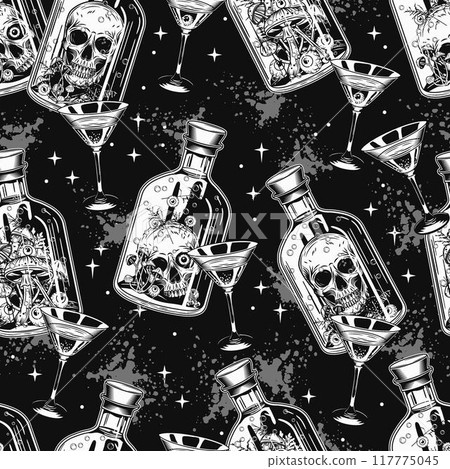 Pattern with bottles of potion with human skull inside, martini glass with with poisonous cocktail. Scattered stars on black background. Halloween creepy graphics 117775045