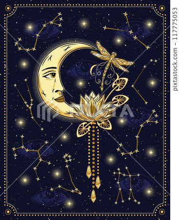 Magic poster, card with moon, zodiacal constellations, flying dragonfly, magic Lotus. All seeing eye on dark blue background. Astrology, alchemy, boho, mystery concept. Magic poster, card with moon, zodiacal constellations, flying dragonfly, magic Lotus. All seeing eye on dark blue background. Astrology, alchemy, boho, mystery concept. 117775053
