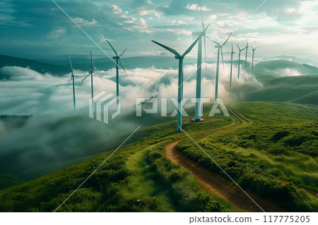 Wind power plant and technology. Smart grid. Renewable energy. Sustainable resources 117775205
