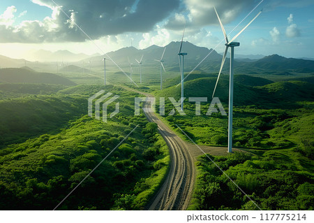 Wind power plant and technology. Smart grid. Renewable energy. Sustainable resources 117775214