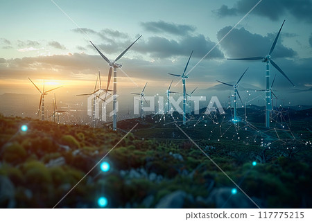 Wind power plant and technology. Smart grid. Renewable energy. Sustainable resources 117775215