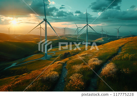 Wind power plant and technology. Smart grid. Renewable energy. Sustainable resources 117775228