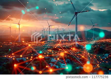 Wind power plant and technology. Smart grid. Renewable energy. Sustainable resources 117775236