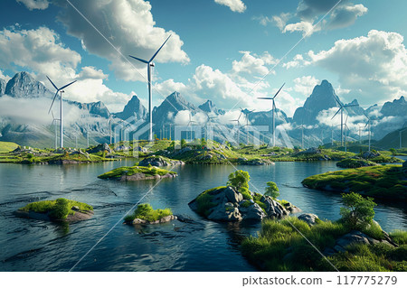 Wind power plant and technology. Smart grid. Renewable energy. Sustainable resources 117775279