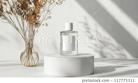 Sunlit minimalist composition with modern perfume 117775311