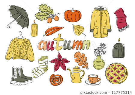 Cozy autumn items in colored outline doodle style 117775314