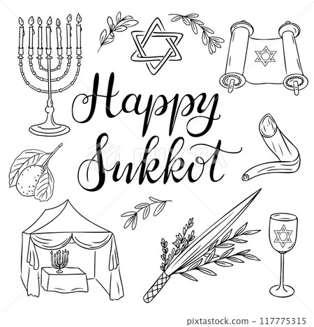Sukkot holiday doodle set with calligraphic text Sukkot holiday doodle set with calligraphic text 117775315