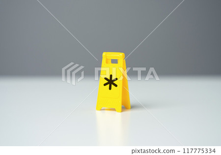 Warning sign with asterisk symbol conditions. Be careful with terms and conditions. Legal red tape and traps. Financial literacy, avoiding debt and not missing out on profits. Avoiding expenses fees 117775334