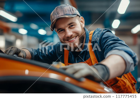Mechanic in overalls and gloves working on a car engine 117775455