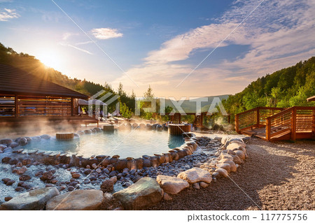Image of a hot spring with a blue sky 117775756