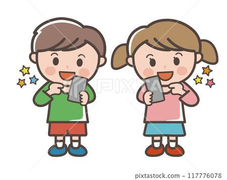 Full-body illustration of a boy and girl happily operating a smartphone (elementary school students, toddlers, children) Full-body illustration of a boy and girl happily operating a smartphone (elementary school students, toddlers, children) 117776078