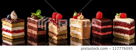 set of different delicious cakes on black background. Ai generative 117776095