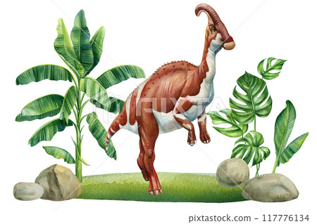 Watercolor dinosaur isolated background, prehistoric landscape, plant, palm. Hand drawn Parasaurolophus, ancient animals 117776134
