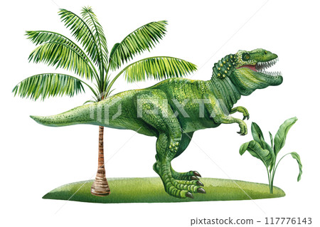 Watercolor dinosaur Tyrannosaurus rex isolated, prehistoric landscape, plant. Hand drawn Dino clipart, ancient animals Watercolor dinosaur Tyrannosaurus rex isolated, prehistoric landscape, plant. Hand drawn Dino clipart, ancient animals 117776143