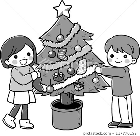 Illustration of children decorating a Christmas tree (monochrome) Illustration of children decorating a Christmas tree (monochrome) 117776152