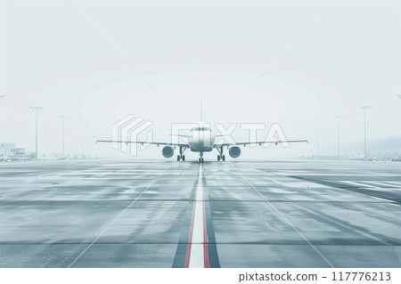 Aircraft on a wet runway in foggy airport conditions 117776213