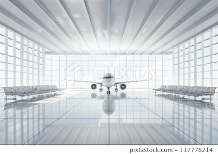 An airplane in an empty airport terminal with large glass windows 117776214