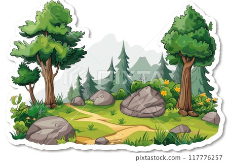A picturesque forest trail with rocks and bright greenery 117776257
