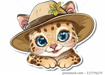 Cat in sun hat with flowers in spring 117776275