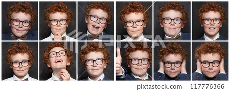 Collage set of shots with diverse facial expressions little child redhead boy in glasses. 117776366
