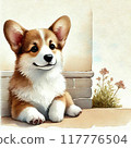 Corgi leaning against a wall 117776504