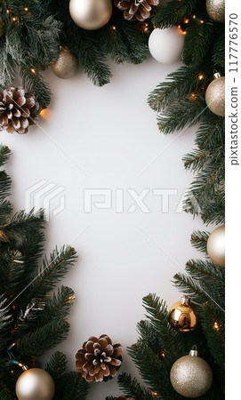 Christmas flatlay with fir branches and toys 117776570