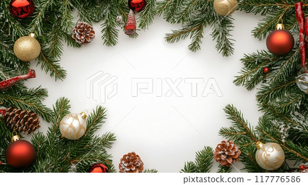 Christmas flatlay with fir branches and toys Christmas flatlay with fir branches and toys 117776586