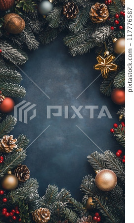 Christmas flatlay with fir branches and toys 117776587