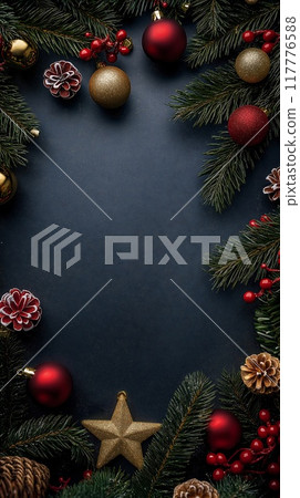 Christmas flatlay with fir branches and toys 117776588