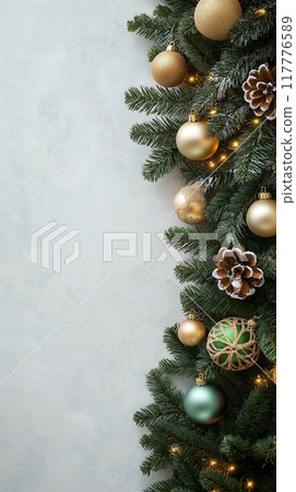 Christmas flatlay with fir branches and toys Christmas flatlay with fir branches and toys 117776589