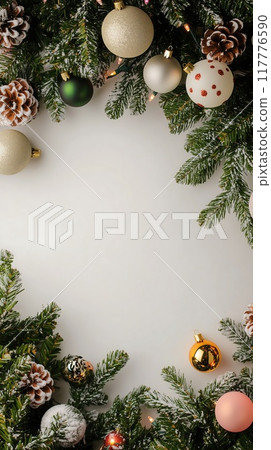 Christmas flatlay with fir branches and toys Christmas flatlay with fir branches and toys 117776590