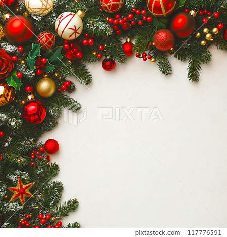 Christmas flatlay with fir branches and toys Christmas flatlay with fir branches and toys 117776591