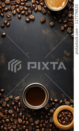 Flatlay Coffee and coffee beans Flatlay Coffee and coffee beans 117776620