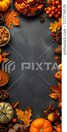 Flatlay thanksgiving table with treats and dishes 117776626