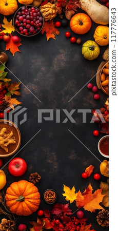Flatlay thanksgiving table with treats and dishes 117776643
