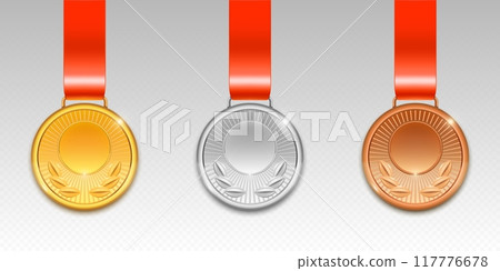 3d gold, silver and bronze medal on red ribbon. 117776678