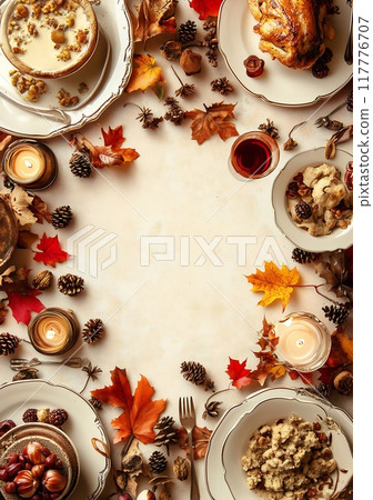 Flatlay thanksgiving table with treats and dishes 117776707