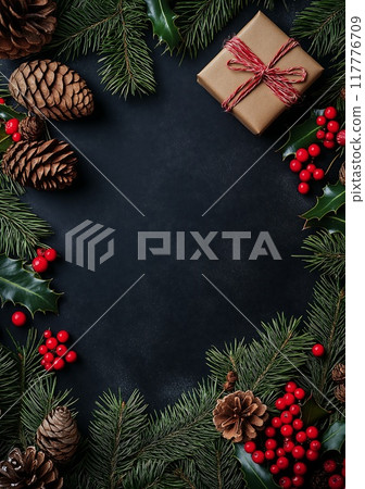 Christmas flatlay with fir branches and toys Christmas flatlay with fir branches and toys 117776709