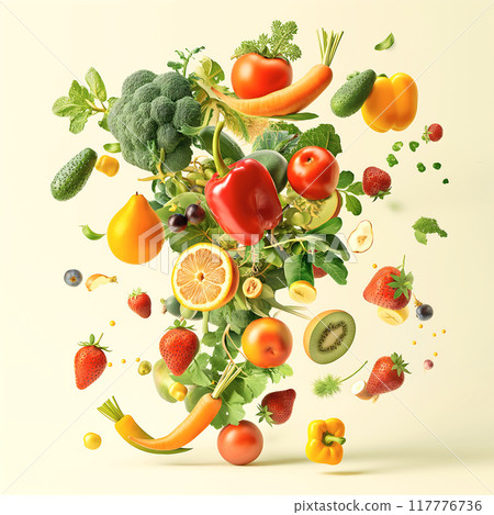 Flying fruits and vegetables, gardener and gardener calendar 117776736
