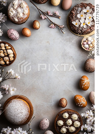 Flatlay easter treats and dishes 117776739