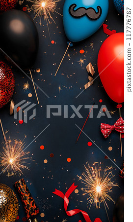flat lay with ribbon balloons, celebration design 117776787