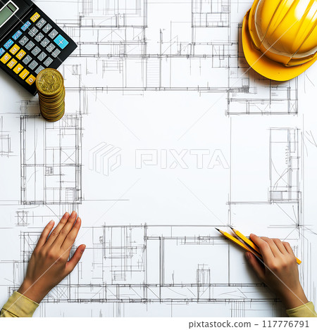Flatlay. Apartment layout, mortgage calculation, architectural design 117776791