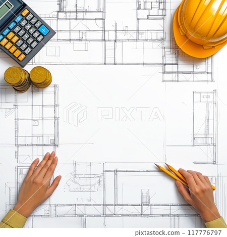 Flatlay. Apartment layout, mortgage calculation, architectural design Flatlay. Apartment layout, mortgage calculation, architectural design 117776797